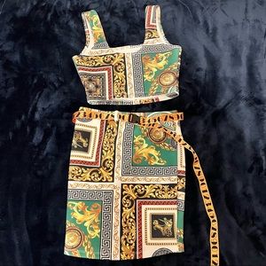 Fashion Nova patterned two piece belted set, coord (Medium)